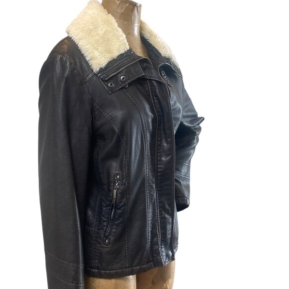 a.n.a Faux Leather Aviator Jacket Faux Fur Lining & Collar Sz XL Brown #178K - Picture 4 of 11